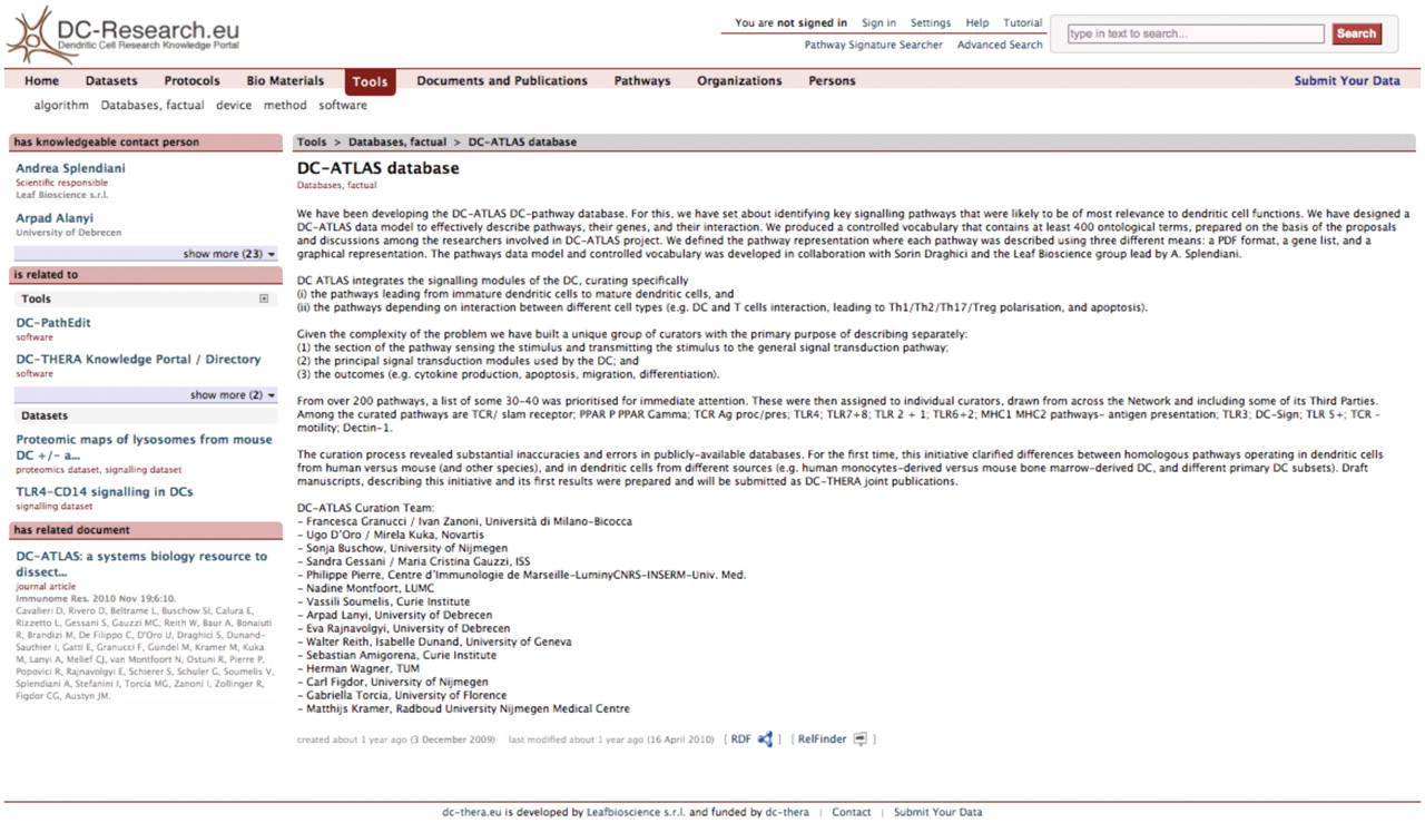 An example of a ‘resource-centric’ view in the DC-THERA Directory. The information page shown corresponds to the resource ‘DC-ATLAS’ (URL: http://dc-research.eu/tool/101). The classification of this resource as a tool is shown in the upper part of the page.
